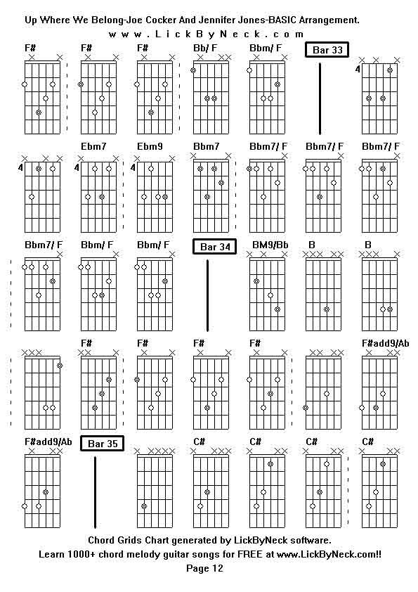 Chord Grids Chart of chord melody fingerstyle guitar song-Up Where We Belong-Joe Cocker And Jennifer Jones-BASIC Arrangement,generated by LickByNeck software.